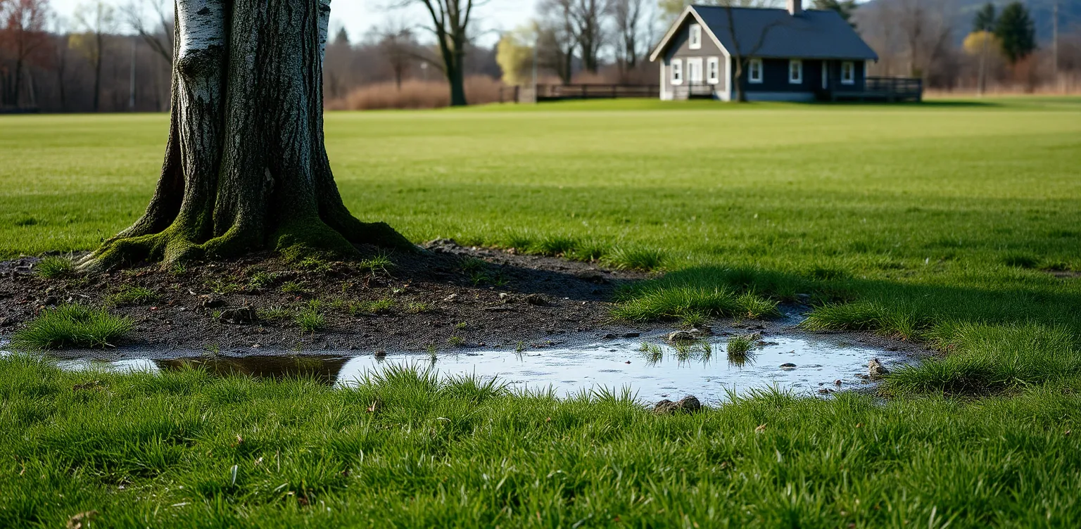 Au printemps, une flaque d'eau stagnante s'étale dans une pelouse très verte au pied d'un gros tronc, avec une maison blanche au loin.