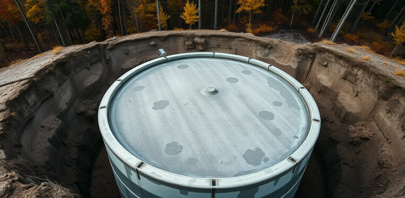 Vue de dessus d'une excavation dans le sable : un réservoir circulaire gris clair, au dessus lisse et aux reflets brillants, entouré d'une forêt aux couleurs d'automne.