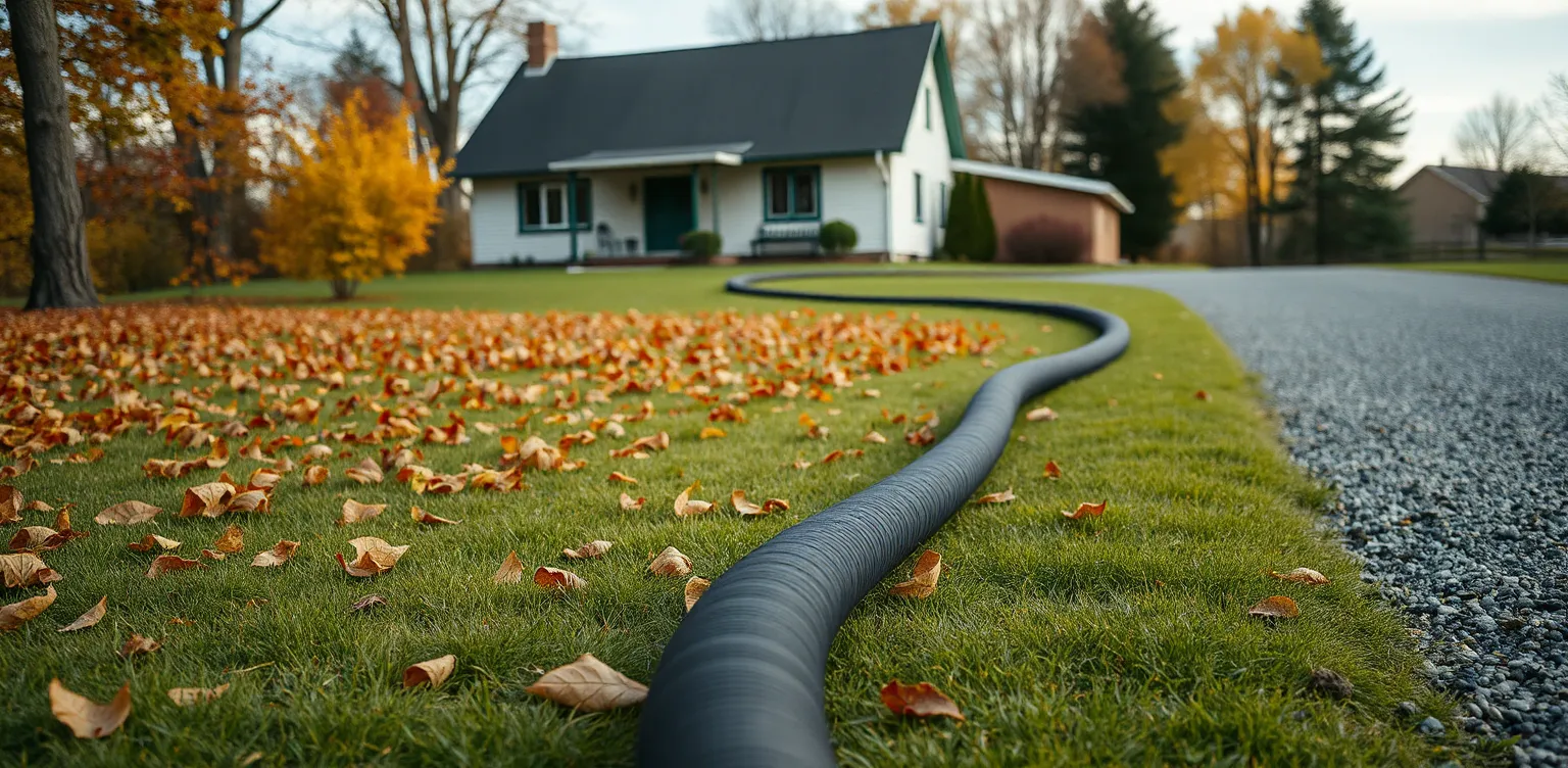 Un gros tuyau noir flexible serpente sur la pelouse et l'allée de gravier, parsemées de feuilles d'automne, vers une maison blanche.