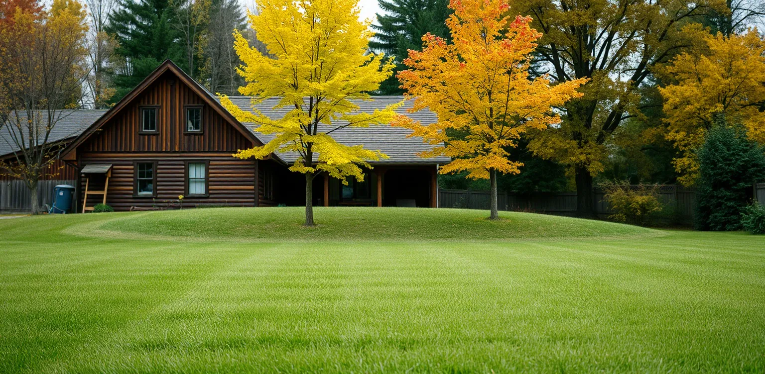 Pelouse tondue en rayures derrière une maison en cèdre, avec deux érables jaunes d'automne au centre du terrain.