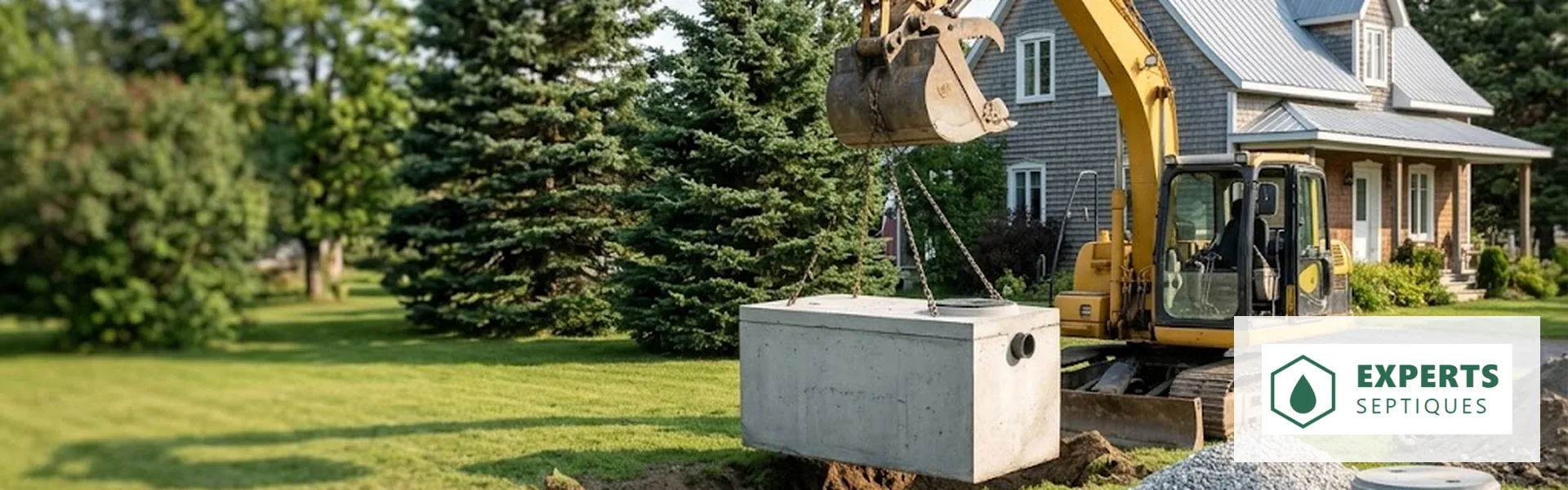 Excavatrice déposant une fosse septique de béton neuve dans une cour résidentielle