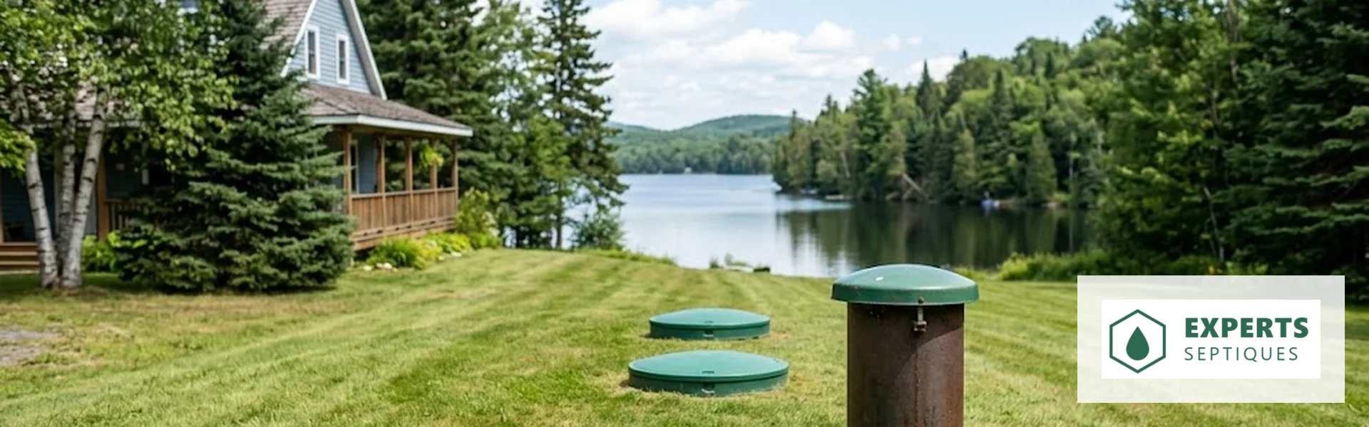 Chalet au bord d'un lac québécois : tubage de puits au premier plan, couvercles septiques sur le terrain