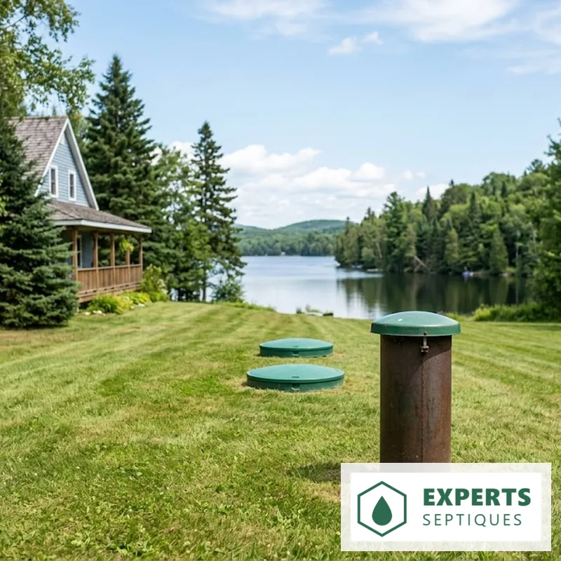Chalet au bord d'un lac québécois : tubage de puits au premier plan, couvercles septiques sur le terrain, lac derrière