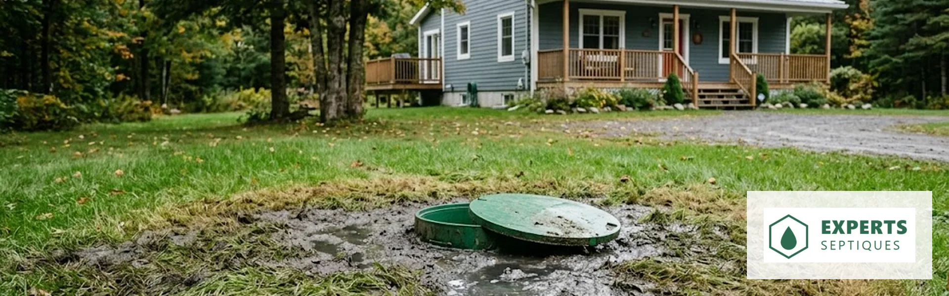 Couvercle d'accès septique de travers, entouré de gazon matté et de sol saturé d'effluent