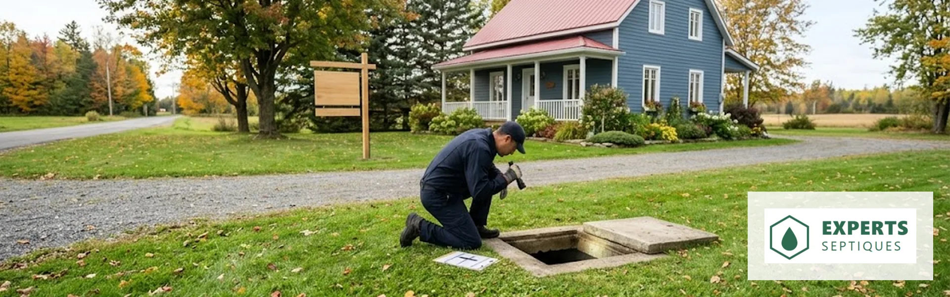 Inspecteur agenouillé éclairant un regard de béton ouvert devant une maison à vendre