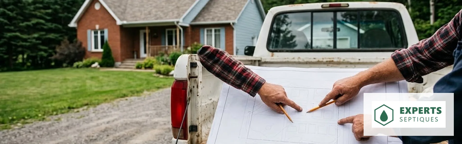 Plan de site déplié sur le hayon d'une camionnette dans une entrée de gravier