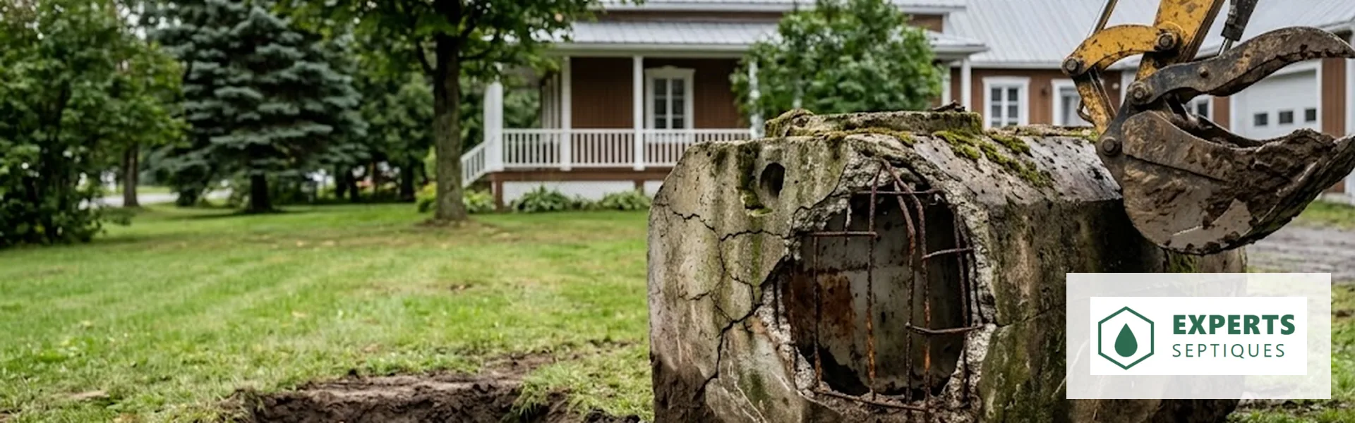 Vieille fosse de béton fissurée sortie de terre à côté d'une excavation neuve