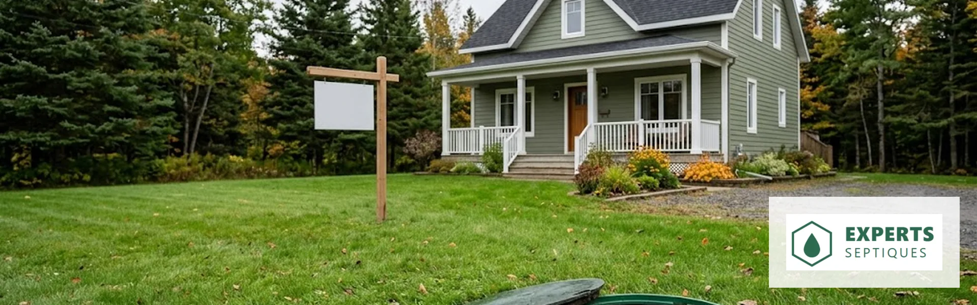 Maison québécoise à vendre, panneau vierge, couvercle d'accès septique au premier plan