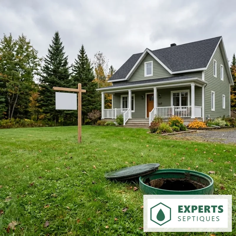 Maison québécoise à vendre, panneau vierge, couvercle d'accès septique au premier plan