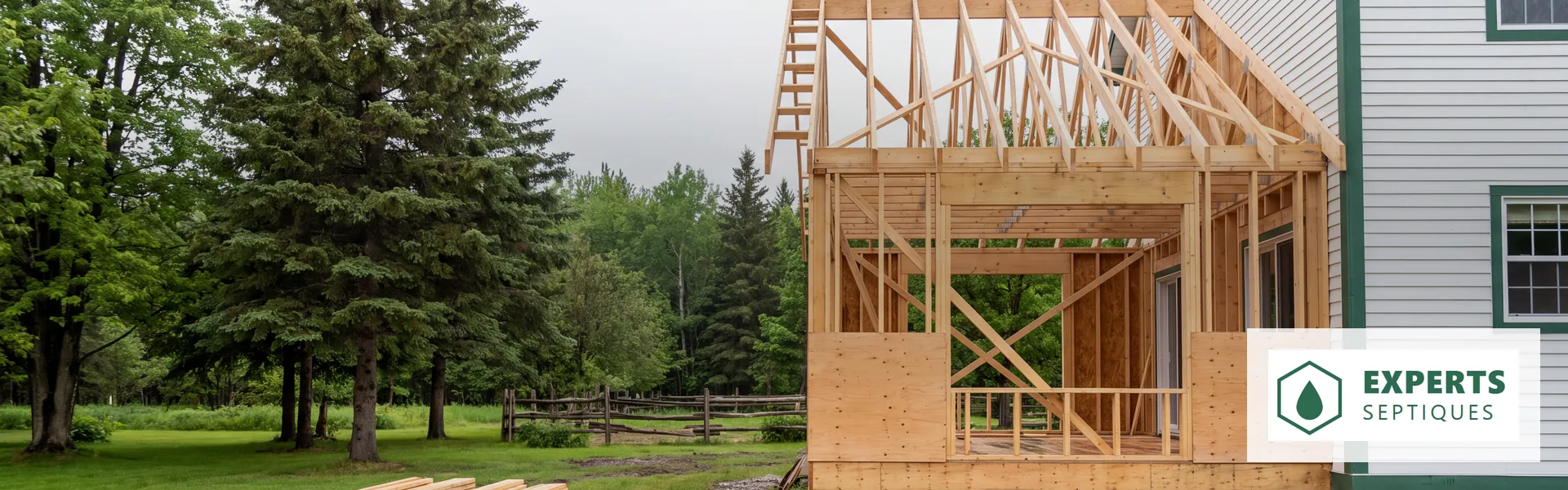 Chantier d'agrandissement d'une maison québécoise, ossature de bois neuve d'une pièce ajoutée à l'arrière