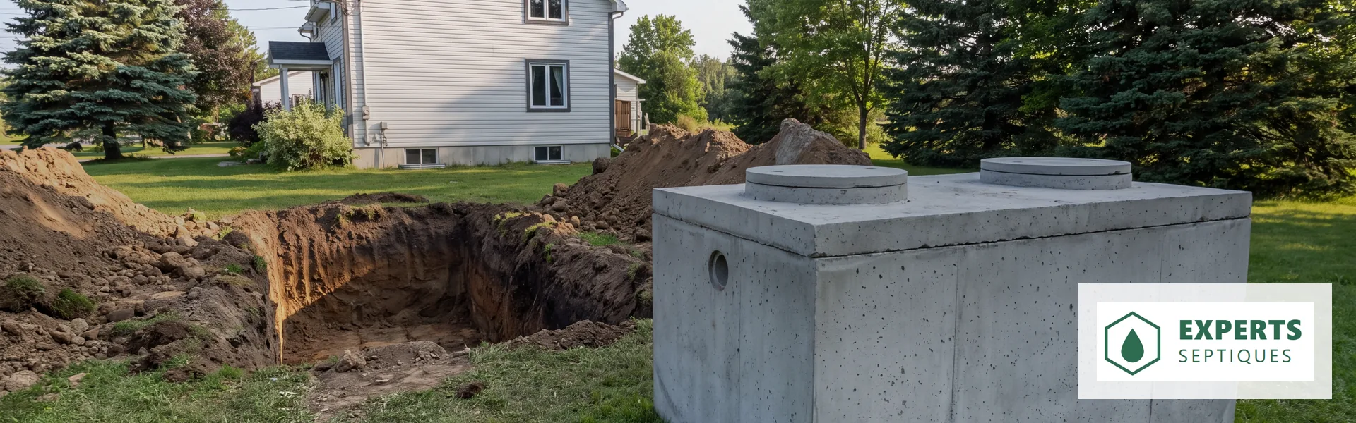 Fosse septique en béton neuve déposée près de son excavation, ses ouvertures d'accès visibles