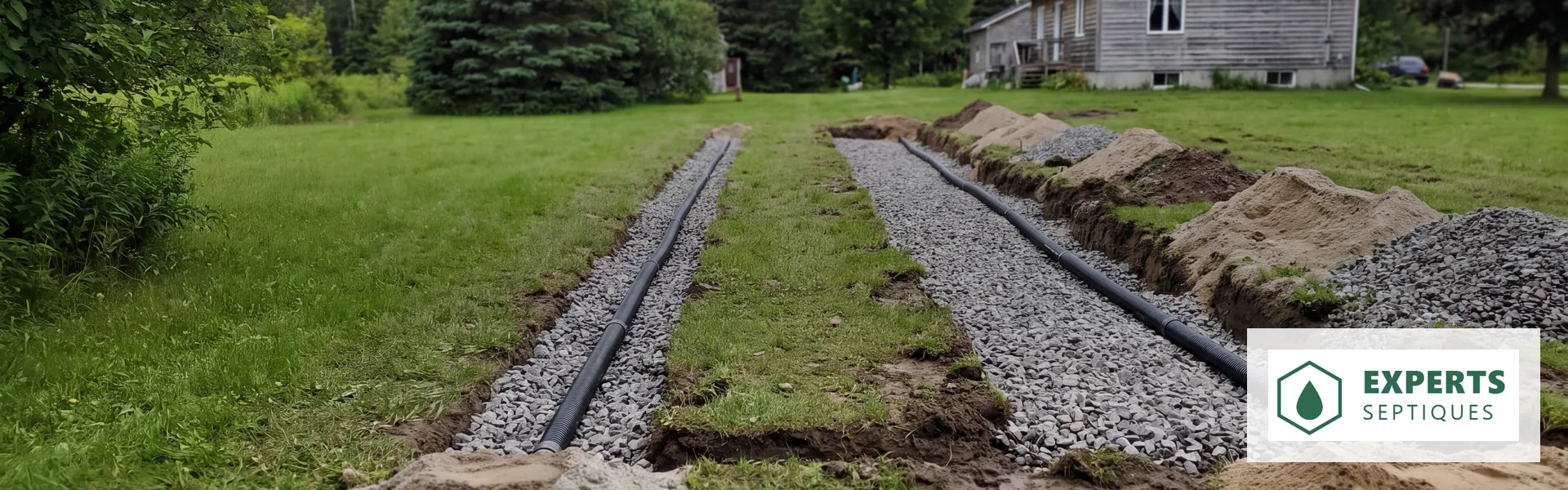 Deux séries de tranchées de drainage ouvertes côte à côte dans une cour, pierre concassée et tuyaux perforés noirs