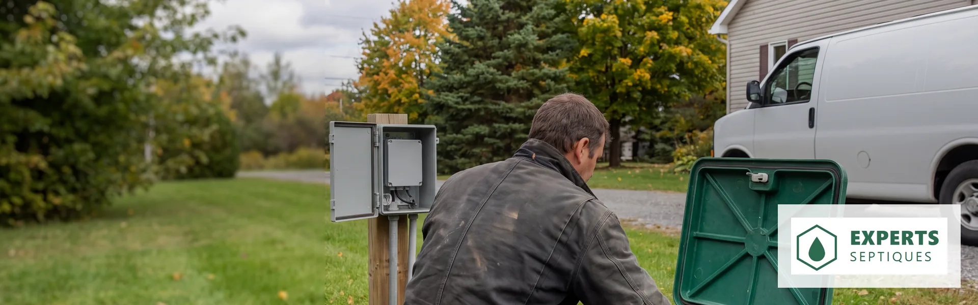 Technicien accroupi près du couvercle ouvert d'un système de traitement secondaire, panneau de commande sur un poteau à côté