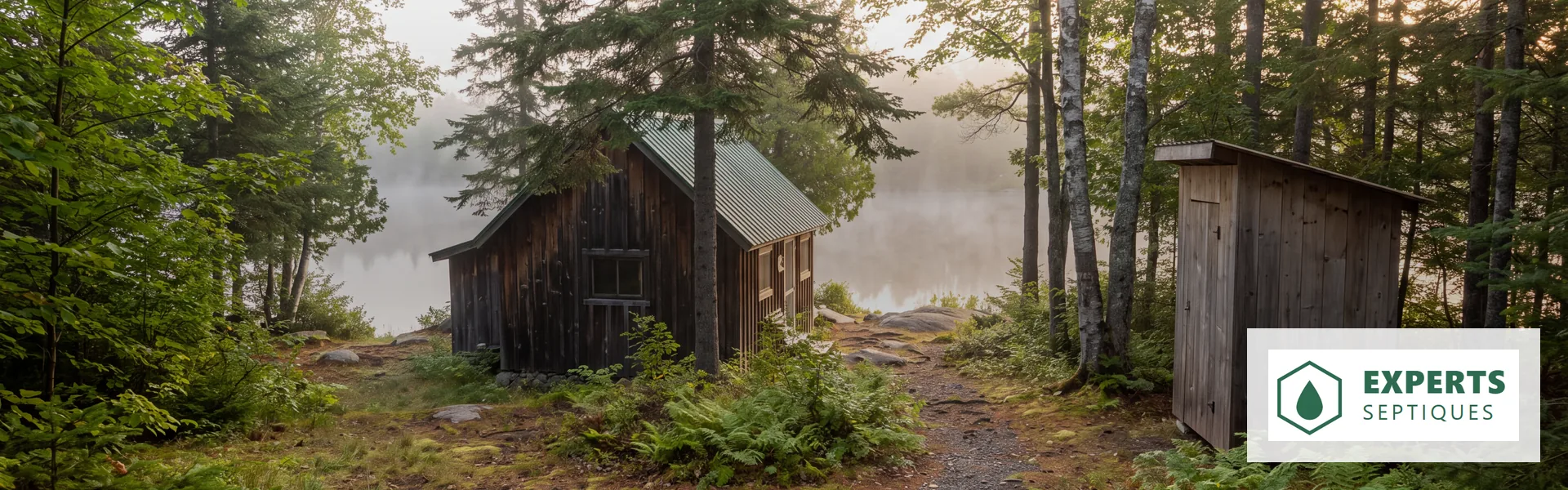 Chalet en bois au bord d'un lac, petite dépendance de bois à l'écart entre les arbres
