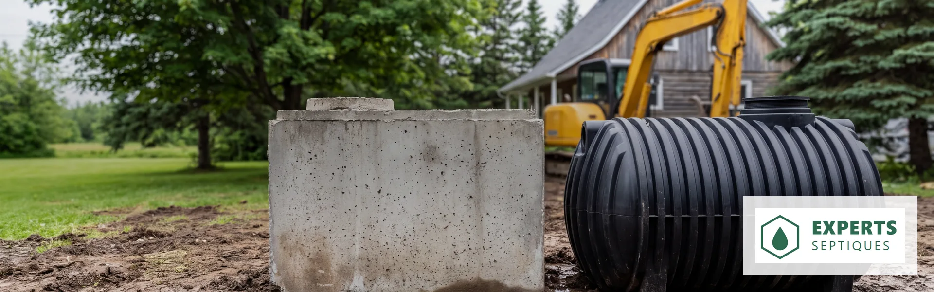 Une fosse septique en béton et une fosse en polyéthylène noir posées côte à côte sur un chantier