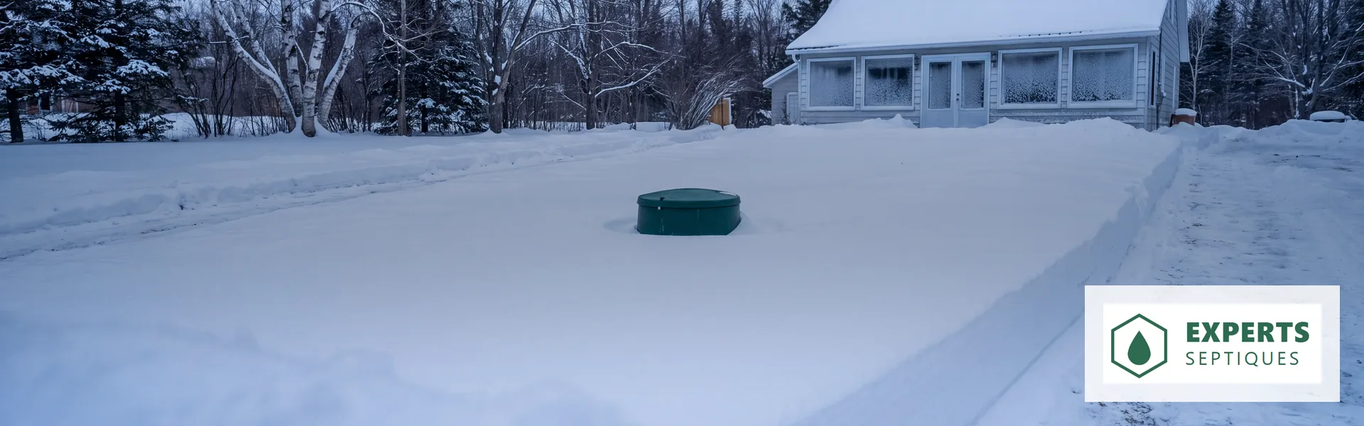 Cour enneigée d'une maison québécoise en hiver, une bande de neige intacte marquant l'emplacement du champ d'épuration
