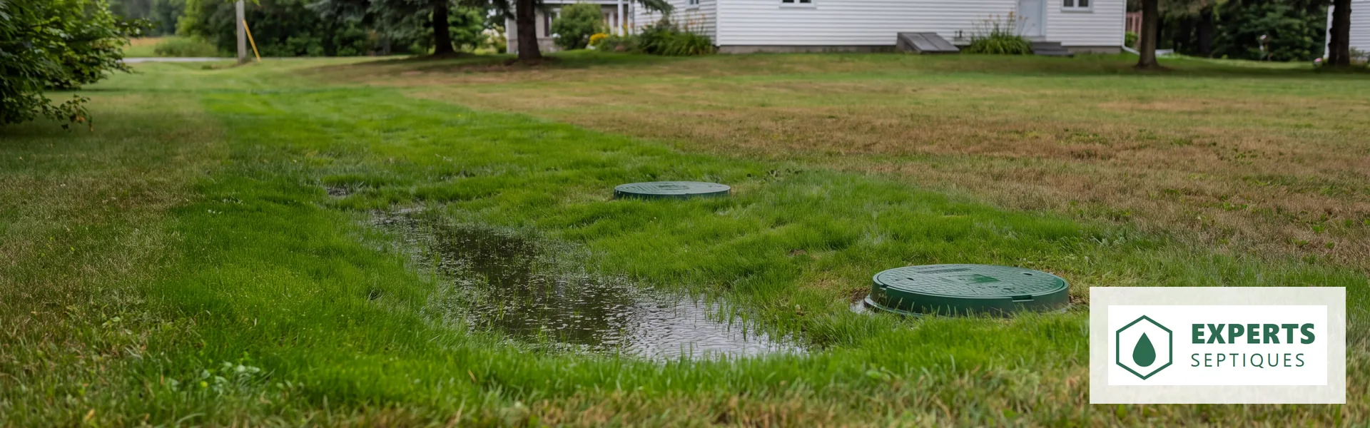 Pelouse détrempée au-dessus d'une fosse septique, deux couvercles d'accès verts affleurant le gazon