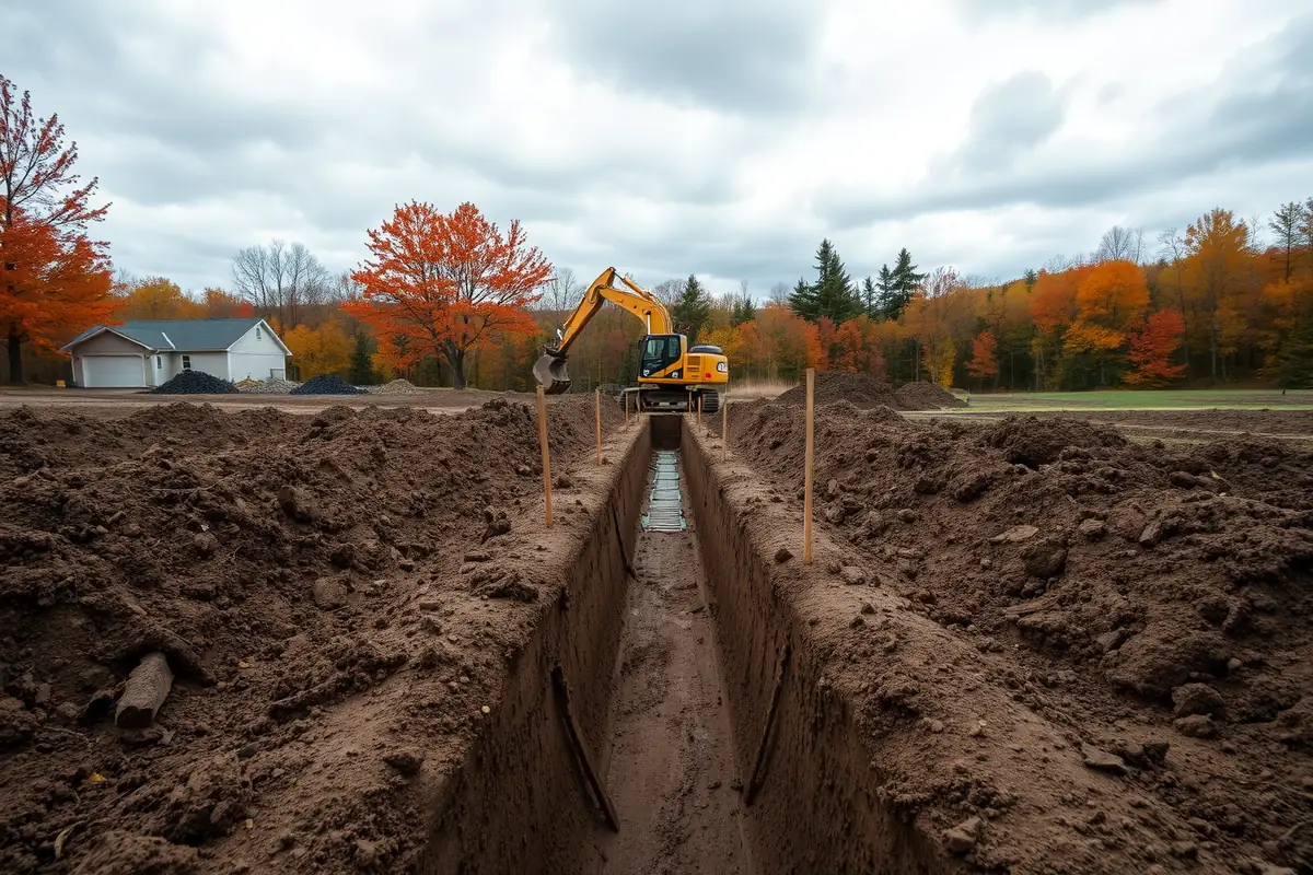Longue tranchée étroite ouverte dans un terrain rural, piquets de bois le long du tracé, pelle mécanique jaune au bout de la tranchée, buttes de terre et forêt d'automne