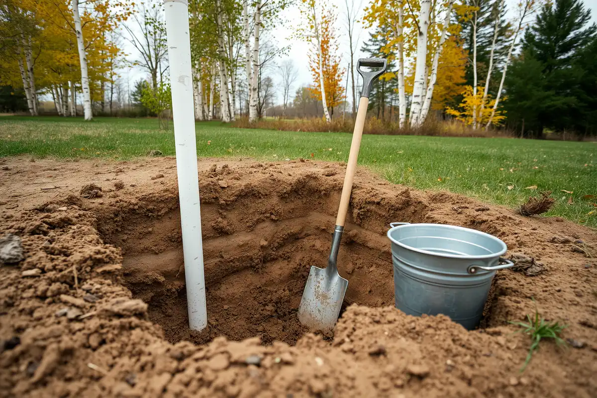 Trou d'essai creusé dans un terrain gazonné, parois de sable brun aux couches visibles, tuyau blanc planté dans le trou, pelle et seau de métal, bouleaux d'automne en arrière-plan